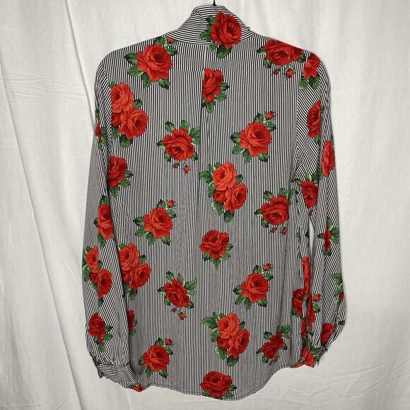 Retrolicious Blouse Womens M Rose Print Black White Stripe Tie Neck Secretary - Picture 2 of 8